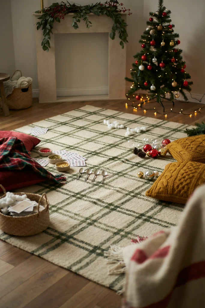 Empty living room floor staged with bingo cards and minute-to-win-it style game props