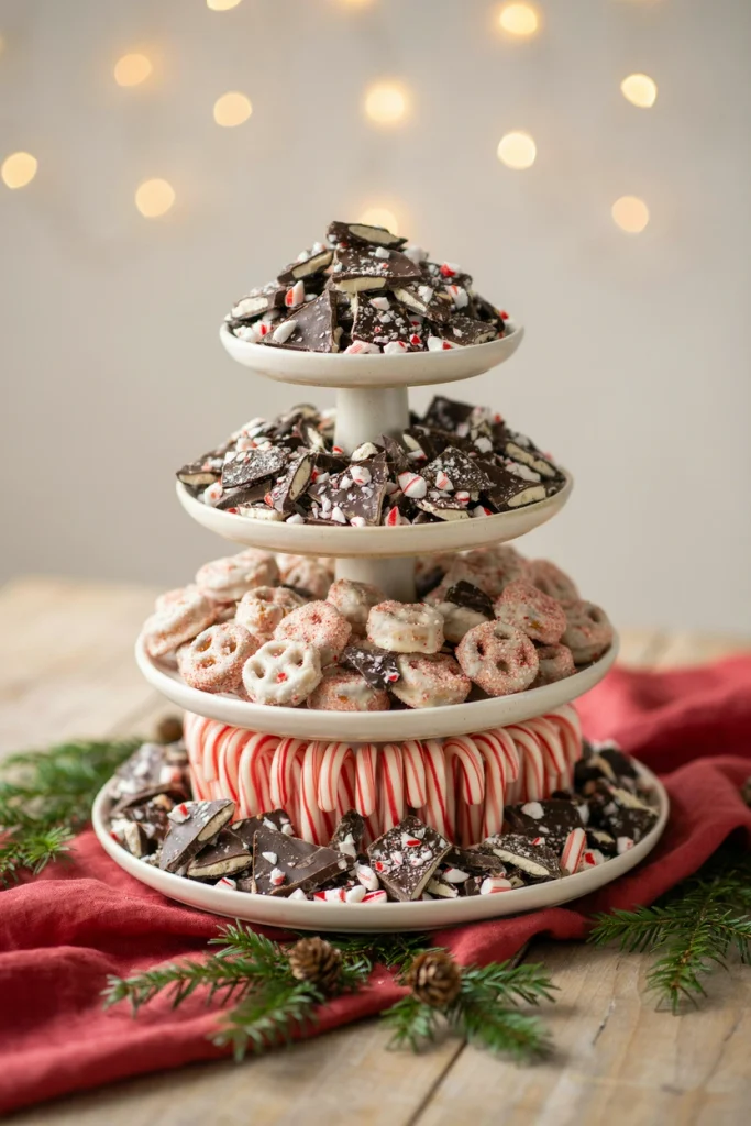 Tiered dessert stand with peppermint bark shards and candy canes arranged by color