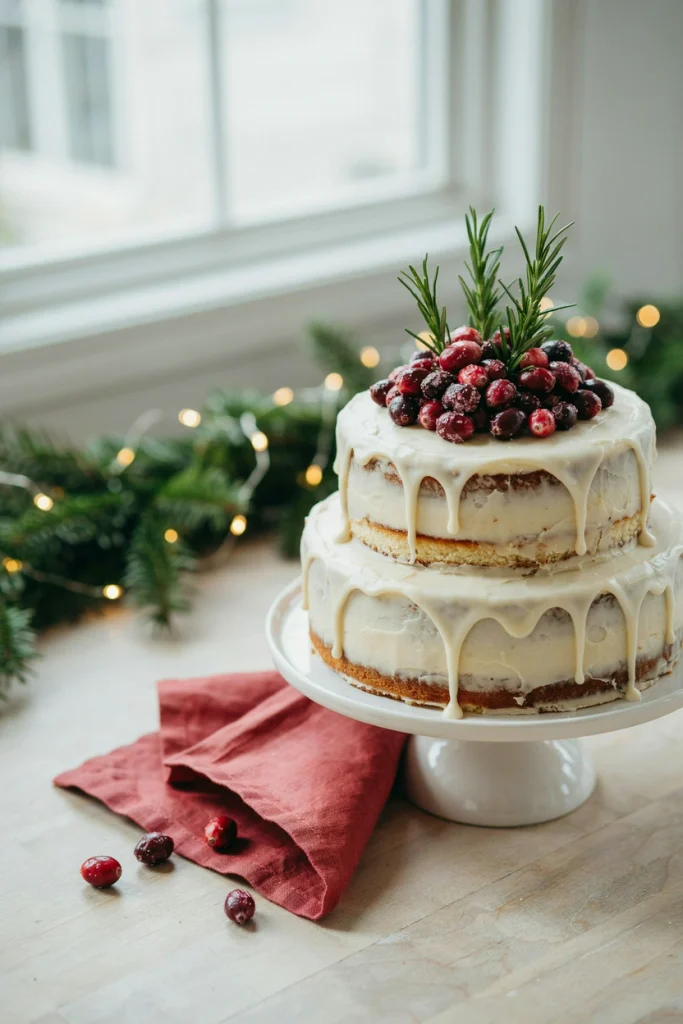 Two tier naked cake with white buttercream drips and sugared cranberries on top