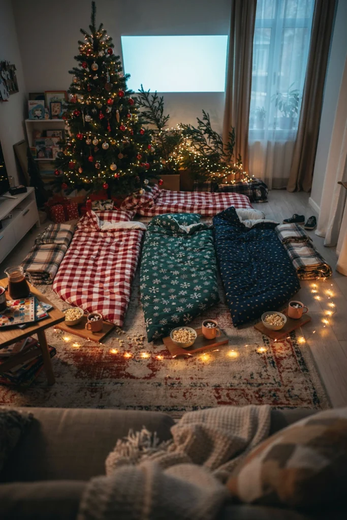 Cozy teen sleepover setup with twinkle lights and a snack station, styled and ready for guests