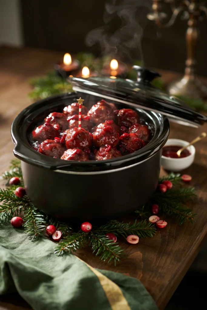 Christmas meatball skewers glazed with cranberry sauce