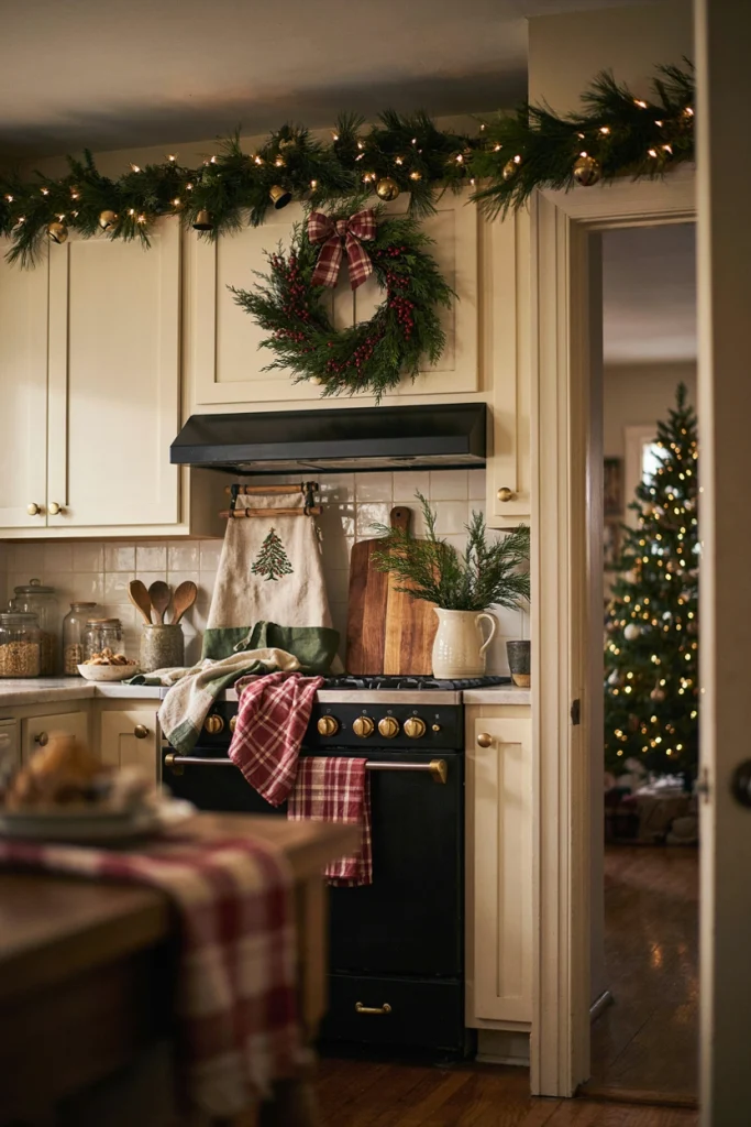 Plaid dish towel looped through an oven handle beside a linen apron with an embroidered tree