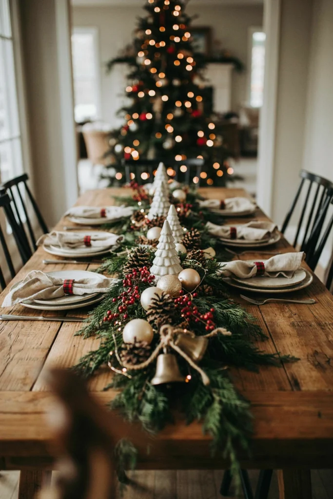 Cluster of pinecones and taper candles grouped down the center of a bare farmhouse table