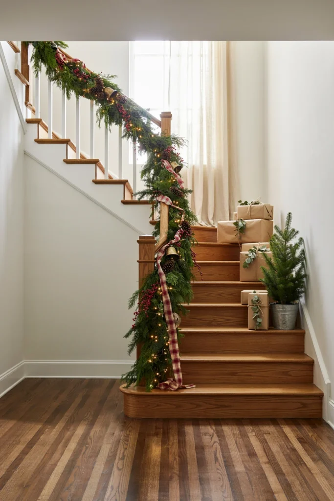 Farmhouse staircase banister wrapped in greenery garland with a trailing plaid ribbon