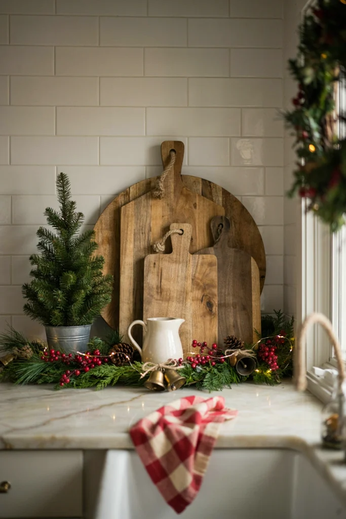 Round and rectangular wood cutting boards leaned in a staggered row against a kitchen backsplash