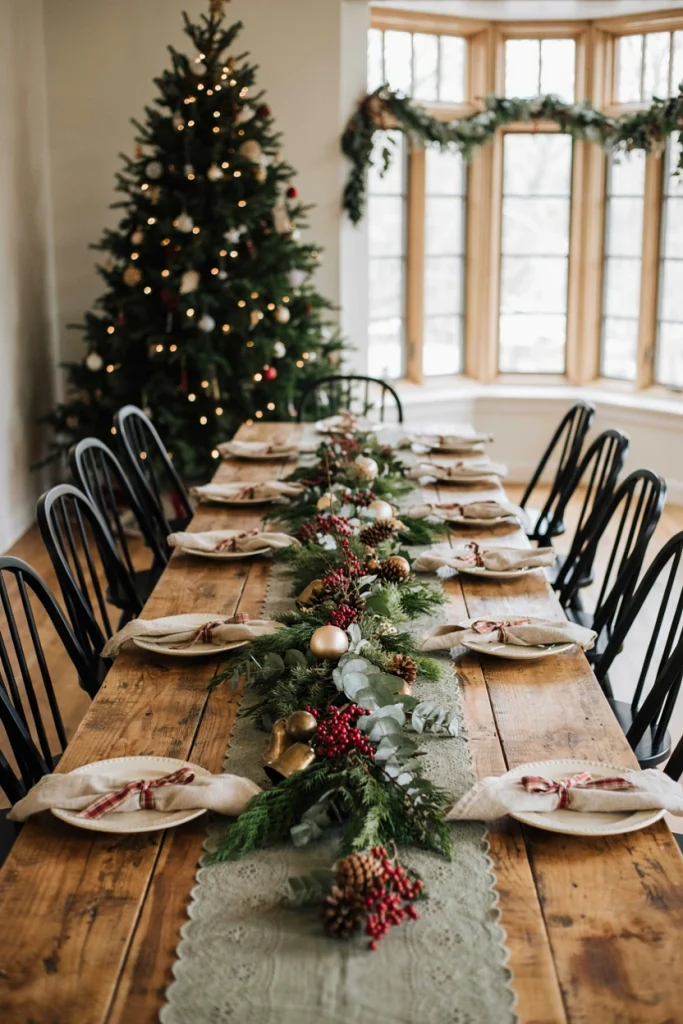 Farmhouse dining table dressed with a sage green scalloped lace table runner