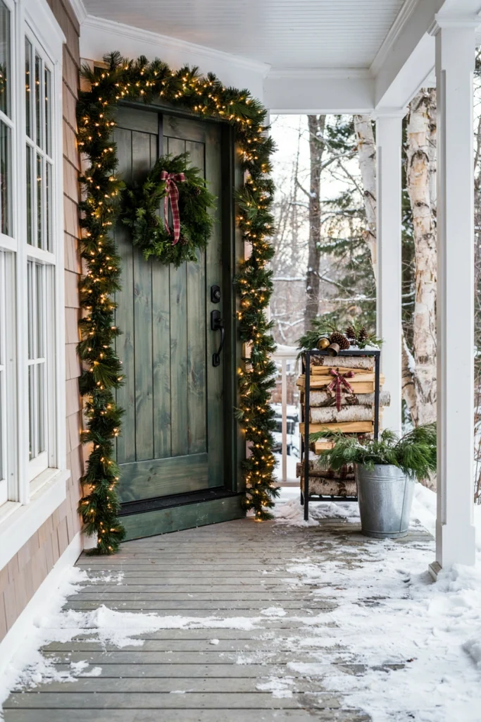 Neat stack of firewood beside a front door tied with a plaid ribbon and greenery sprig