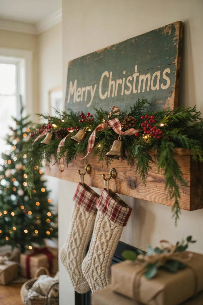 Vintage-style Merry Christmas banner strung above a farmhouse mantel with pillar candles