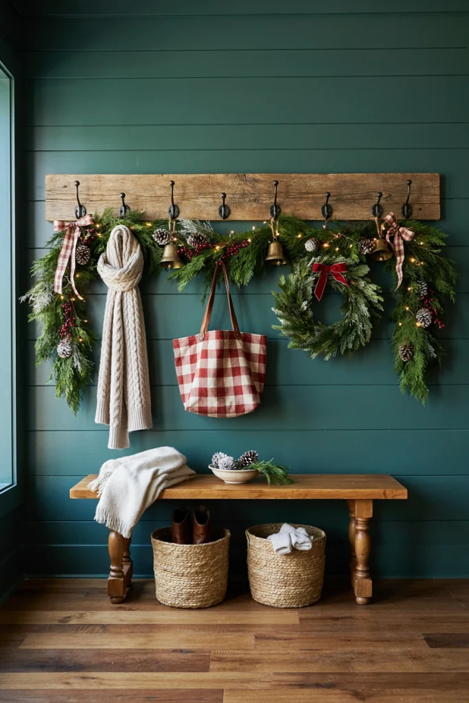Row of wall-mounted coat hooks with a short greenery garland woven across the top