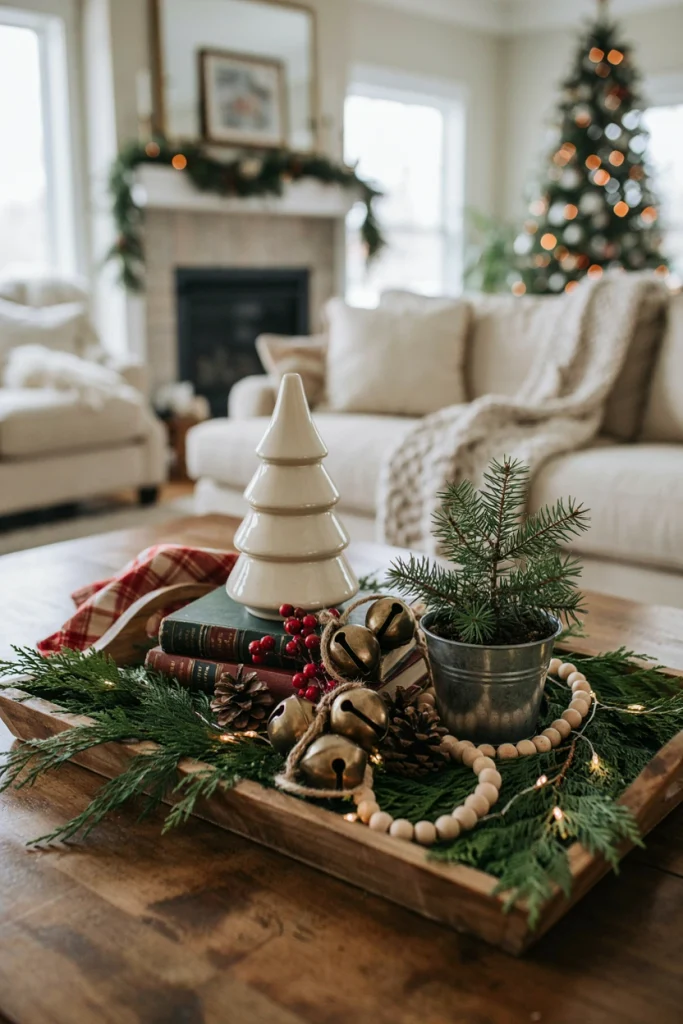 Weathered wood tray on a coffee table holding books, a candle, and a sprig of eucalyptus