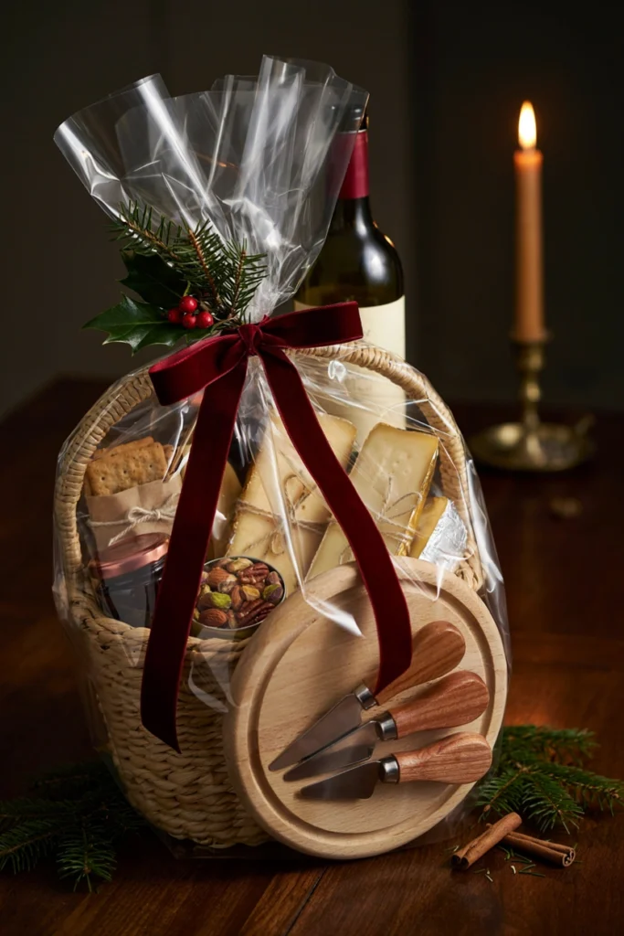 Charcuterie and wine night Christmas auction basket with cheese board and wine bottle