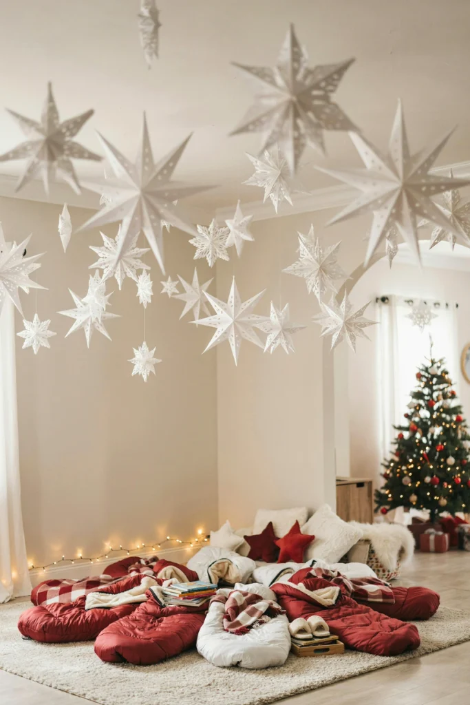White paper snowflakes suspended at different heights from the ceiling