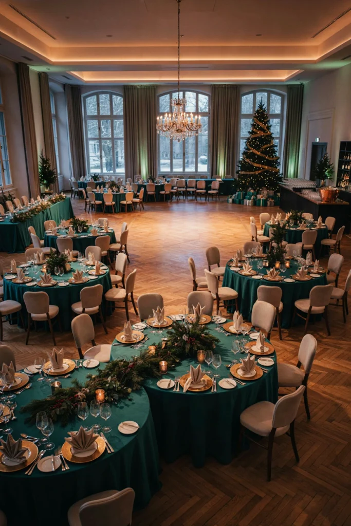 Entire rented ballroom bathed in a warm amber and deep red uplighting wash