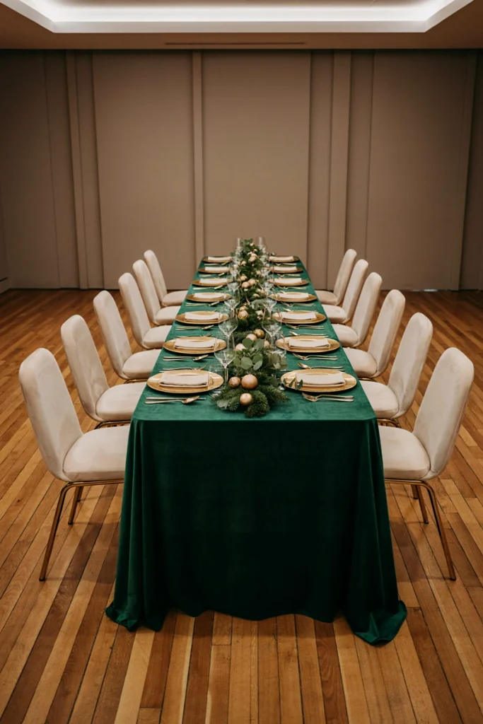 Long reception table styled with an emerald table runner, gold charger plates, and scattered gold ornaments
