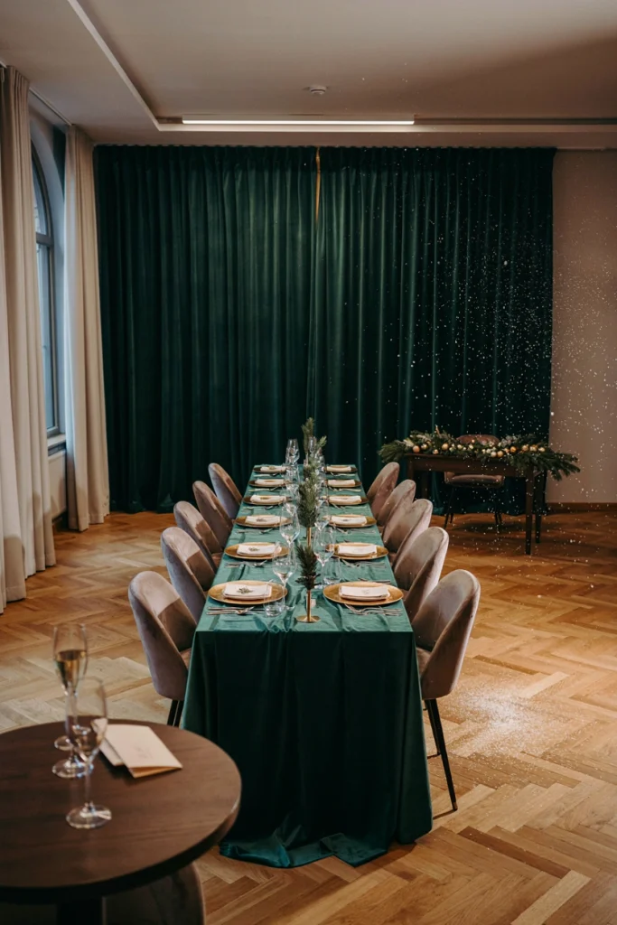 Ceiling-mounted projector casting a gentle animated snowfall effect across the walls of a dimly lit party room