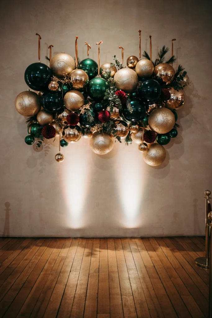 Wall-mounted backdrop of giant faux ornaments in red, gold, and silver with a company name sign