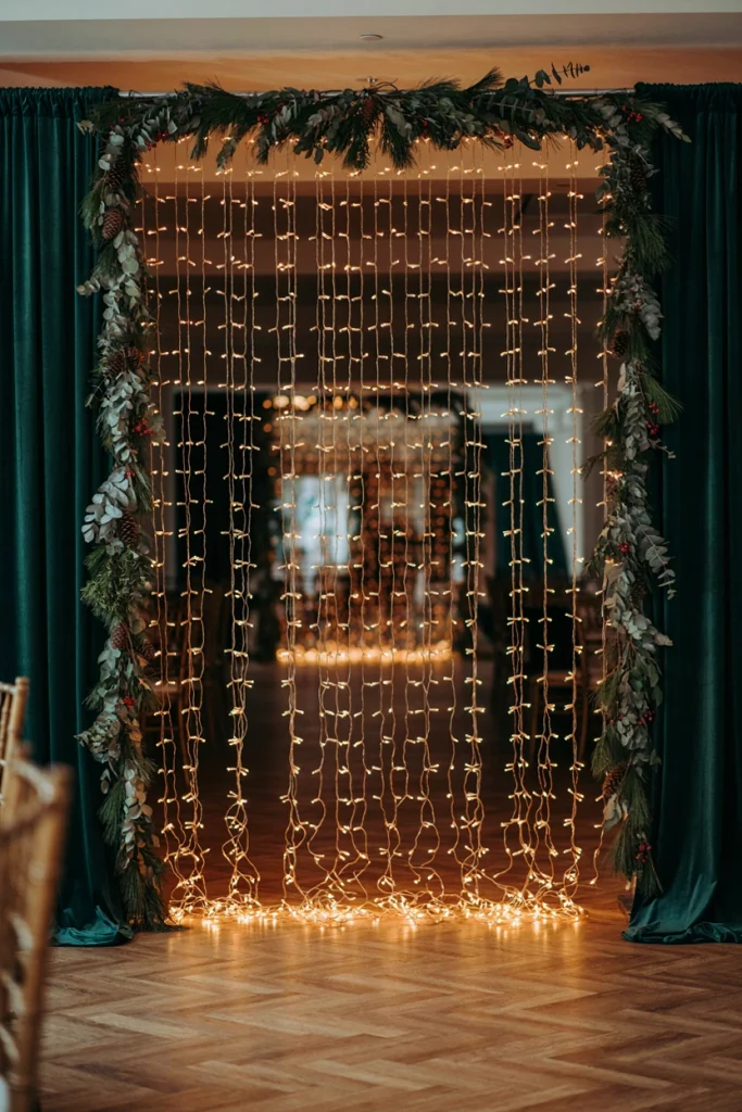 Shimmering curtain of copper wire fairy lights hung floor to ceiling as a photo backdrop