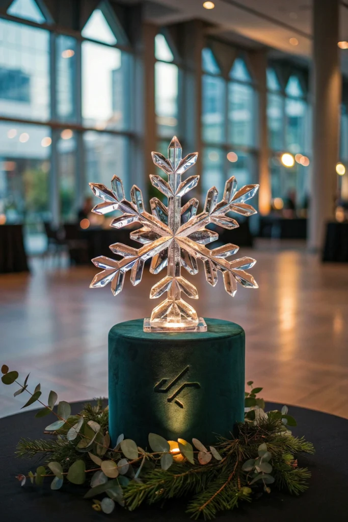 Clear ice sculpture carved into a stylized snowflake with a subtle company logo, lit from underneath
