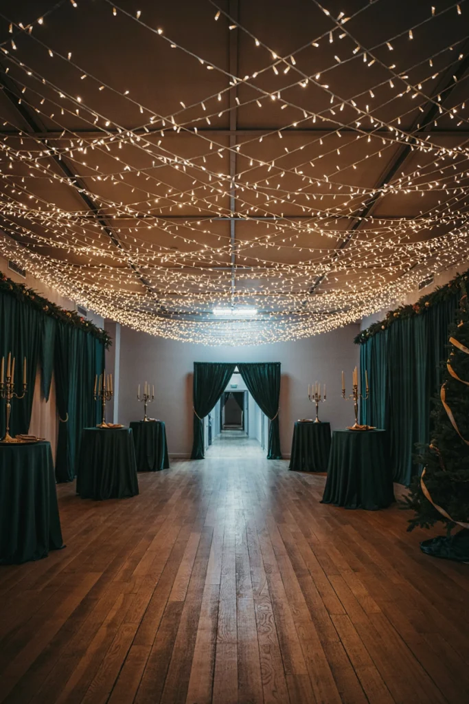 Canopy of warm white string lights crisscrossing overhead above a dance floor