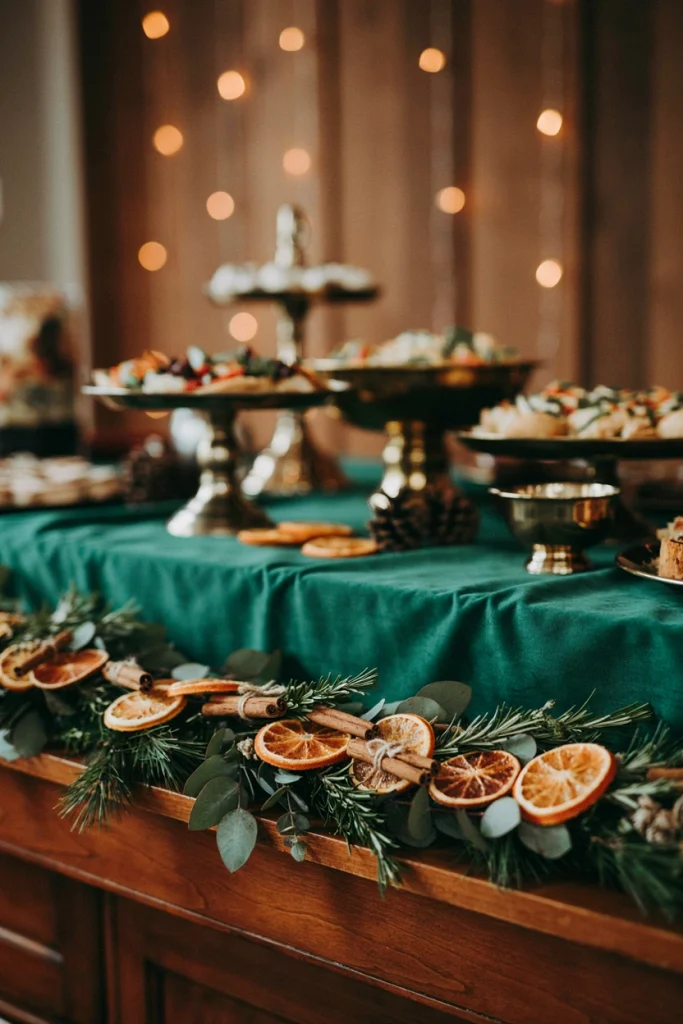 Rustic garland made of dried orange slices, cinnamon sticks, and rosemary draped along a buffet table edge