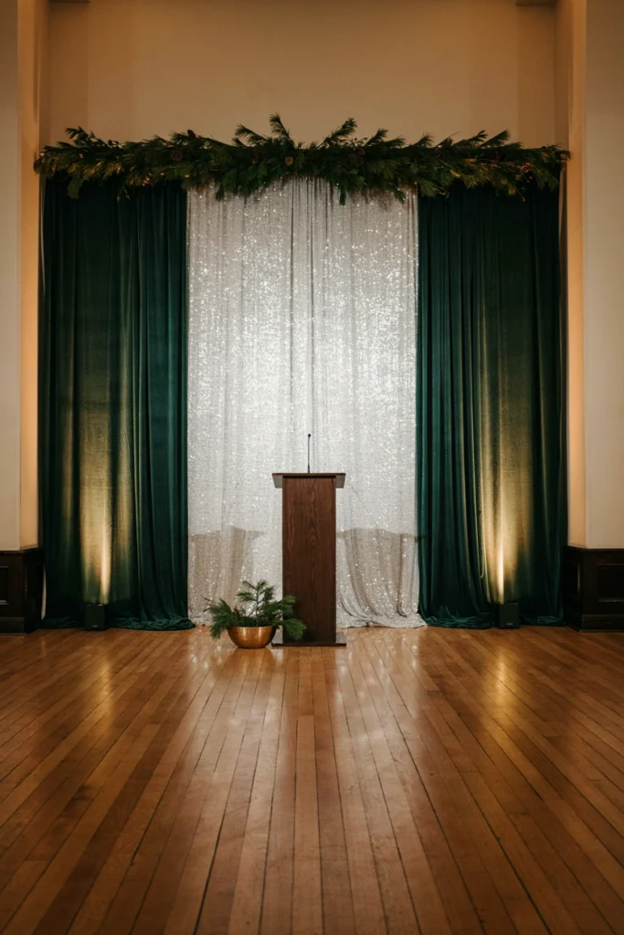 Shimmering silver LED curtain hung as a full backdrop wall behind a small stage or DJ booth
