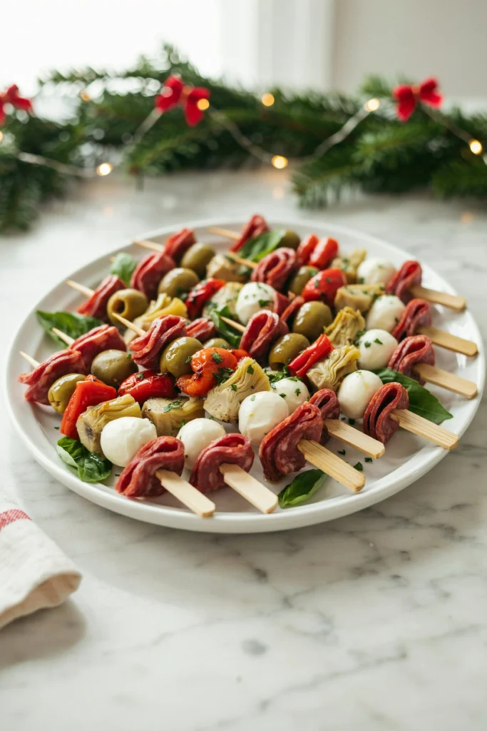 Christmas antipasto skewers with folded salami, marinated mozzarella balls, and olives