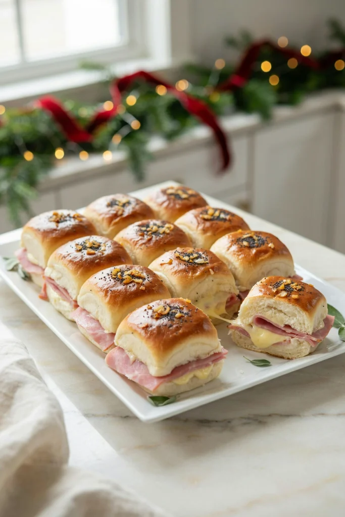 Baked ham and cheese sliders with poppy seed glaze