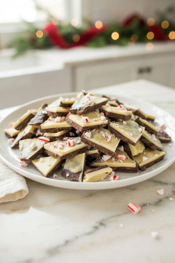 Peppermint white chocolate bark broken into pieces