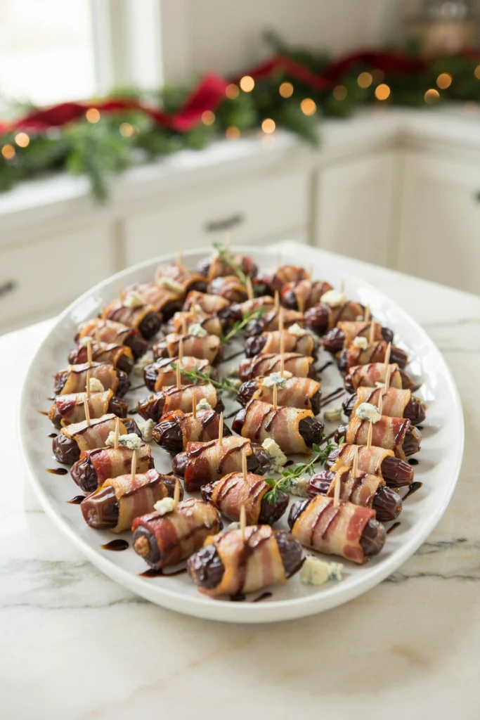 Bacon-wrapped dates drizzled with balsamic glaze on a platter