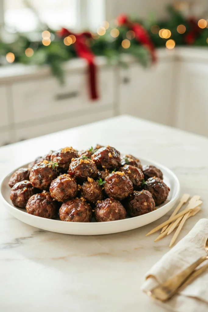 Glazed gingerbread-spiced meatballs garnished with crushed gingerbread