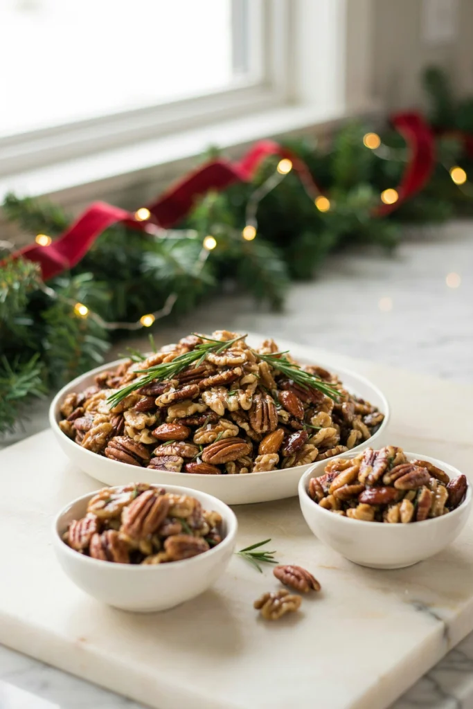 Warm spiced roasted nuts with rosemary in a bowl