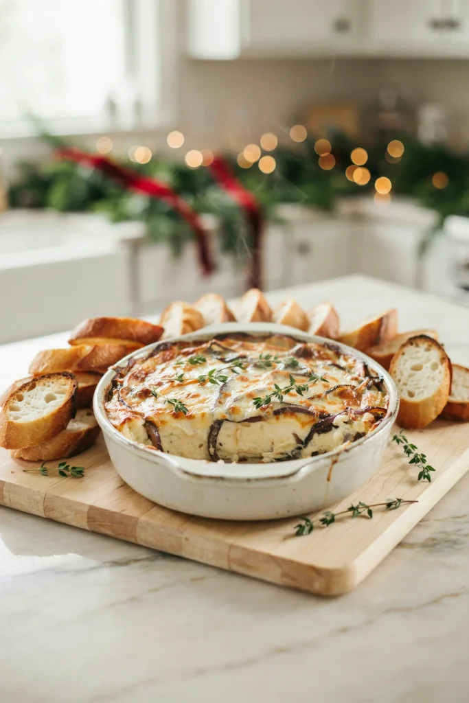 Baked French onion dip with melted gruyère topping