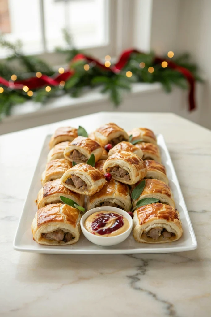Puff pastry sausage rolls sliced and served with cranberry mustard