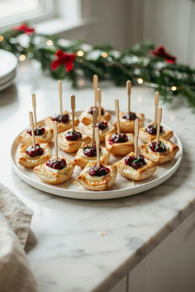 Cranberry brie bites in puff pastry shells fresh from the oven, each speared with a toothpick