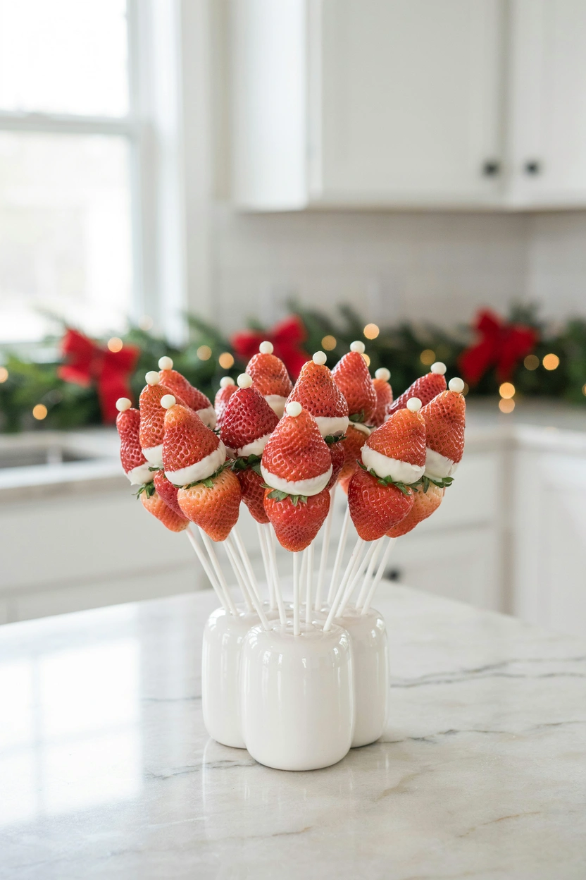 Chocolate-dipped strawberry Santa pops on sticks, standing upright in a glass