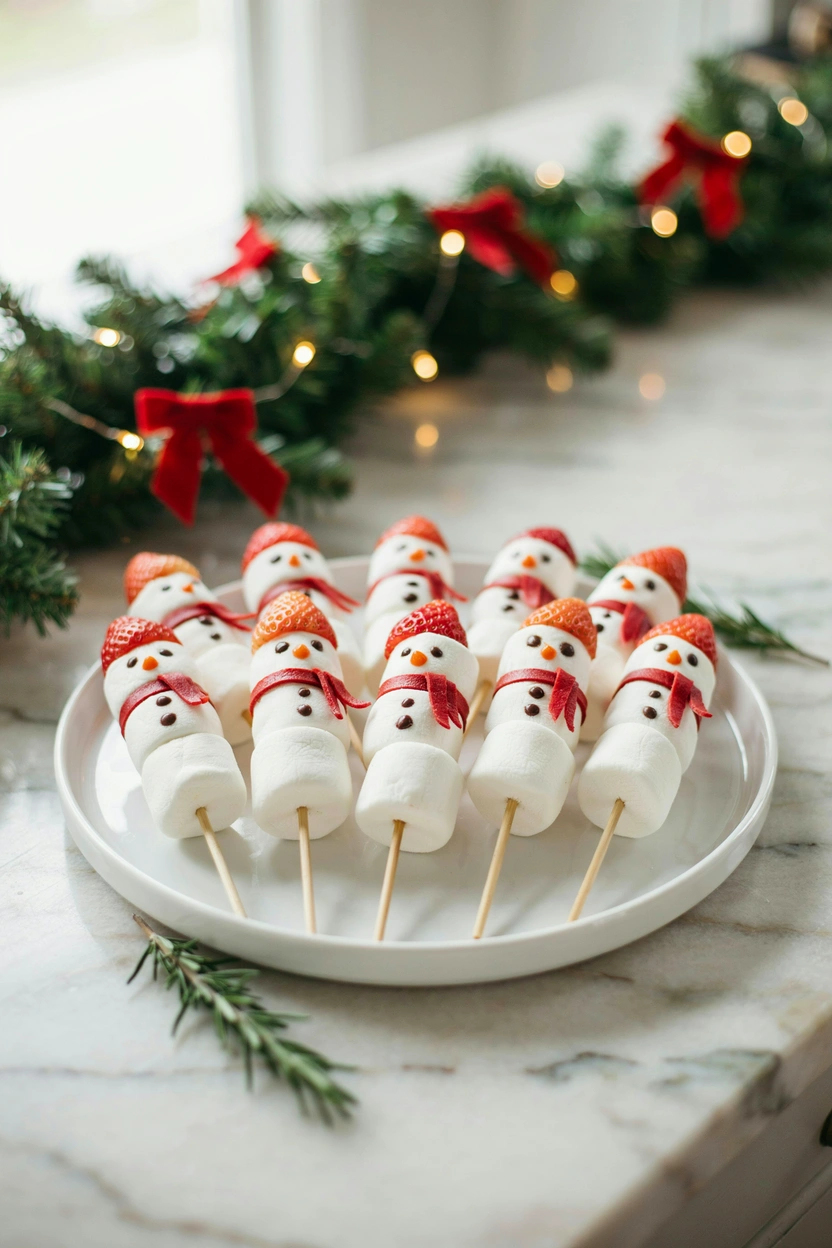 Snowman skewers made from three stacked marshmallows with chocolate dot faces and buttons