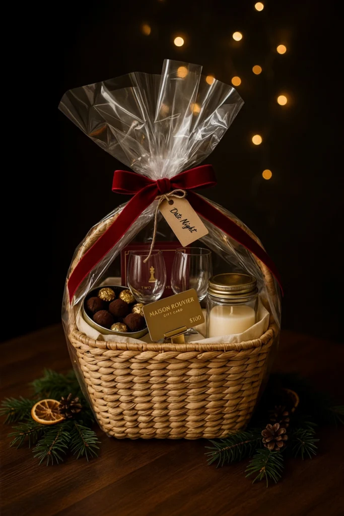 Date night Christmas auction basket with restaurant gift card and candle