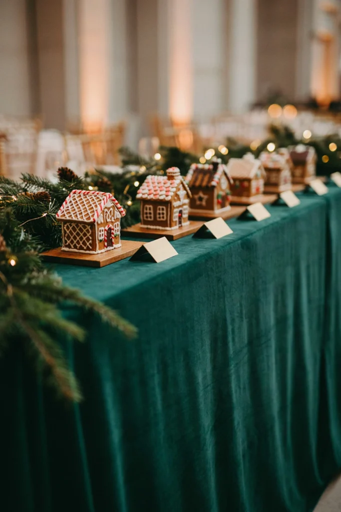 Row of small decorated gingerbread houses displayed along a table, each labeled with a department name
