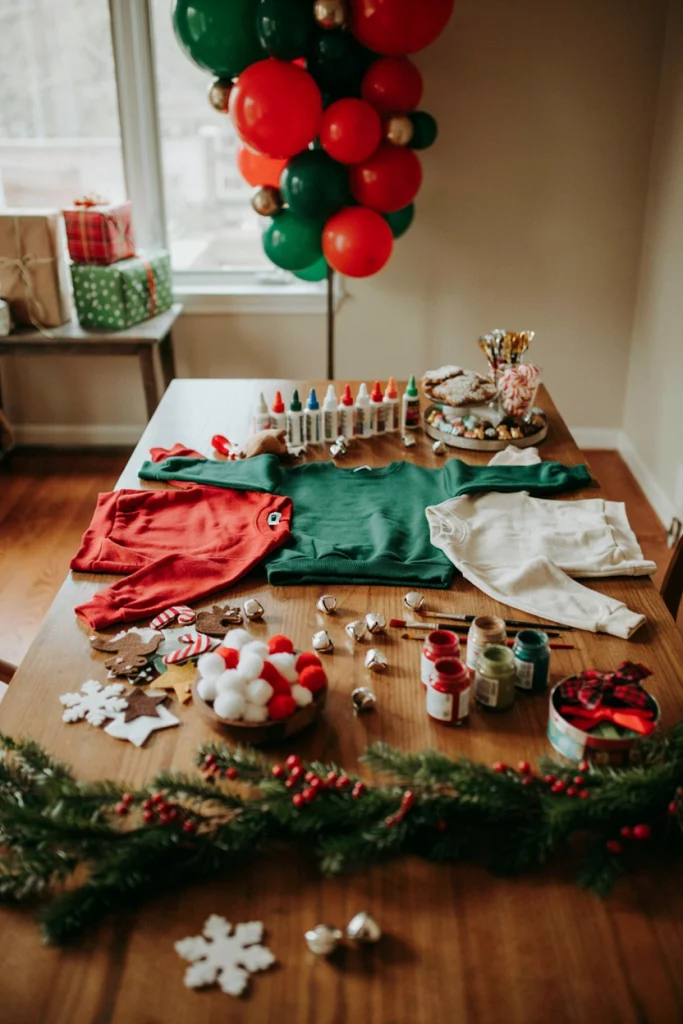 Craft table set up with thrifted sweaters, felt patches, buttons, and glitter for a decorating party