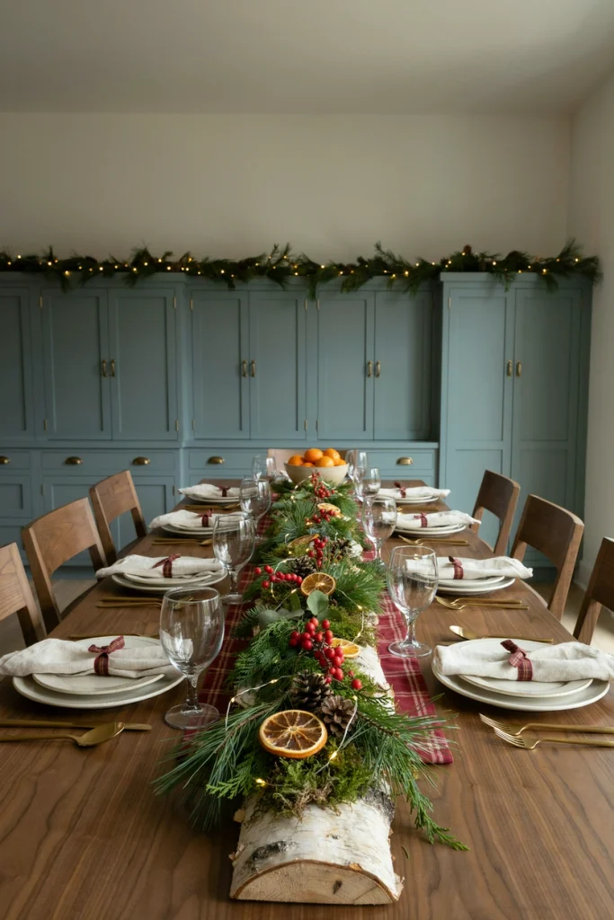 Hollowed birch log centerpiece filled with pillar candles, moss, and pinecones