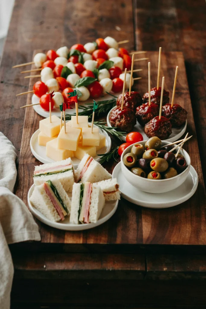 Row of skewered toothpick appetizers standing upright in a holder with red and green ribbon at a Friendsmas party