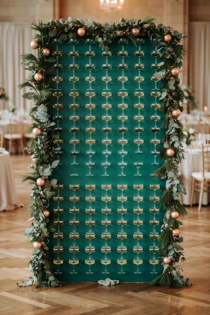 Styled wall installation holding dozens of champagne glasses in a pyramid arrangement for a company toast