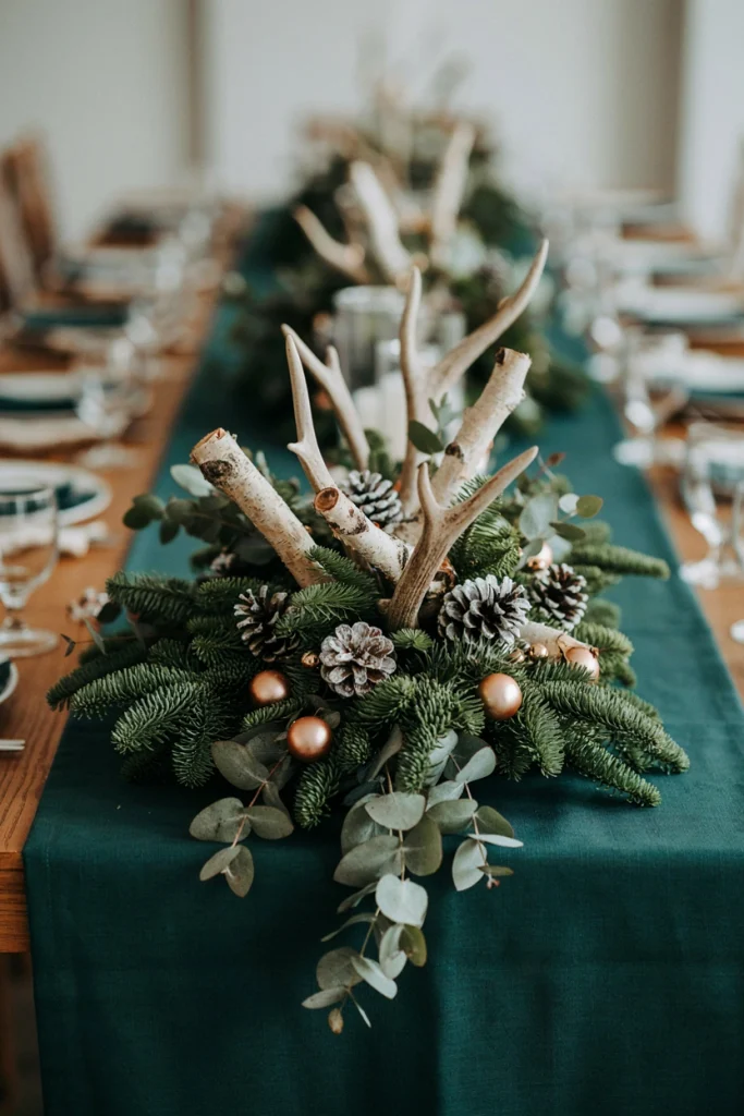 Centerpiece combining faux antlers, white birch, and silver pinecones for a rustic-meets-elegant table setting