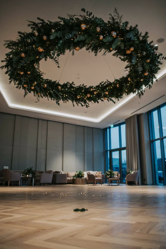 Circular chandelier made of suspended greenery and small white lights hanging above a dance floor