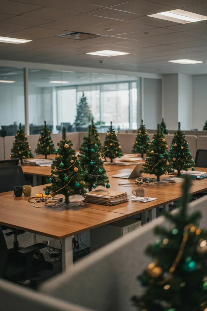 Small six-inch tabletop Christmas trees placed on individual employee desks throughout an open office