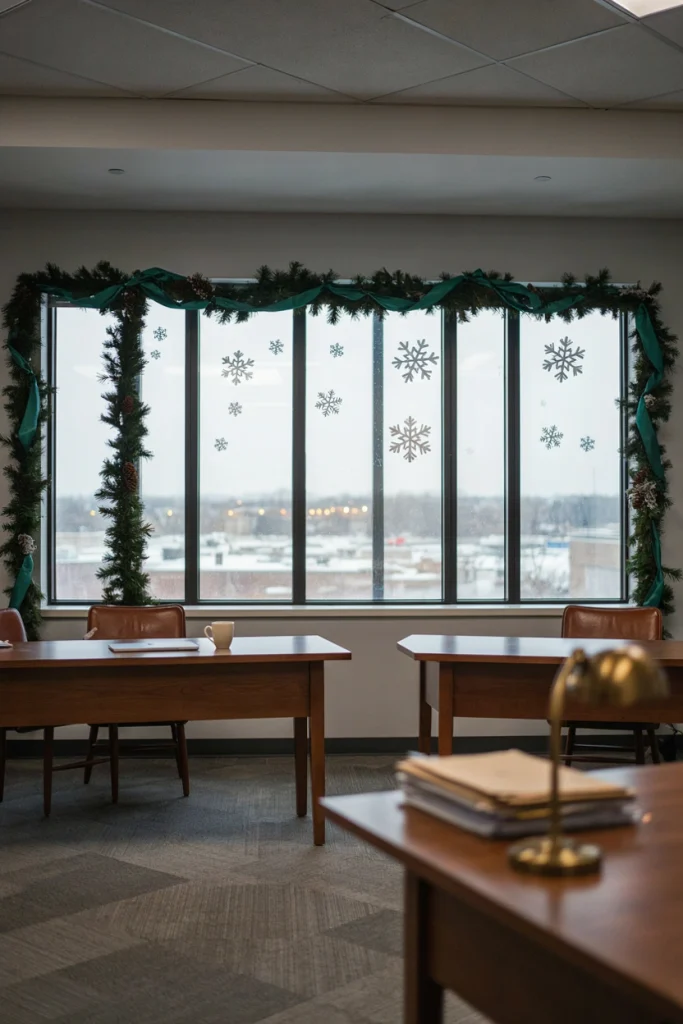 White snowflake window clings arranged across a bank of office windows overlooking a city view