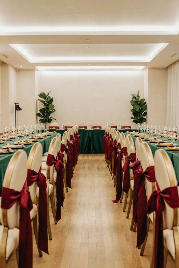 Rows of banquet chairs each tied with a wide red velvet ribbon bow across the back