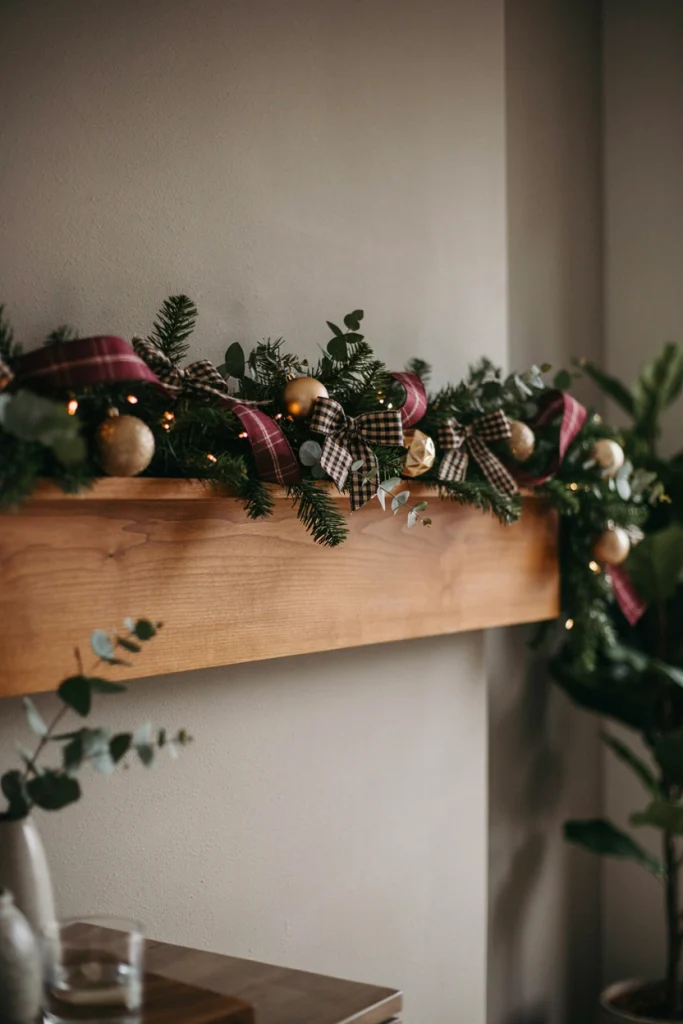 Buffalo check ribbon woven through a mantel garland alongside red plaid bows