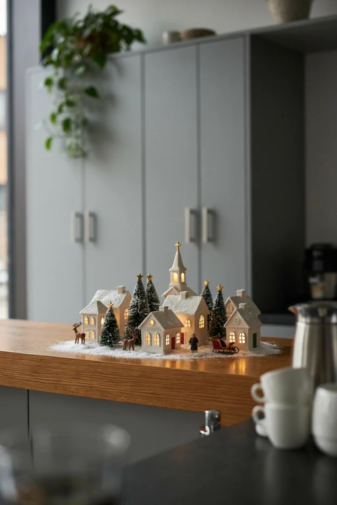 Miniature lit ceramic houses arranged like a snow village on a breakroom counter, dusted with fake snow