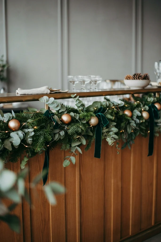 Mixed pine and eucalyptus garland draped along a bar counter with votive candles tucked in